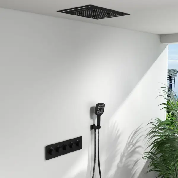 Wall-Mounted 500mm Shower Set Rainfall 4 Functions Thermostatic in Matte Black - Image 2