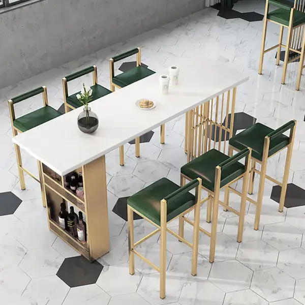 1600mm Modern White Metal Bar Height Table with Shelves & Storage in Gold - Image 4