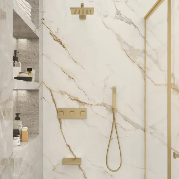 Moda Wall-Mounted 250mm Shower Set in Brushed Gold Rainfall 3 Function Solid Brass - Image 7