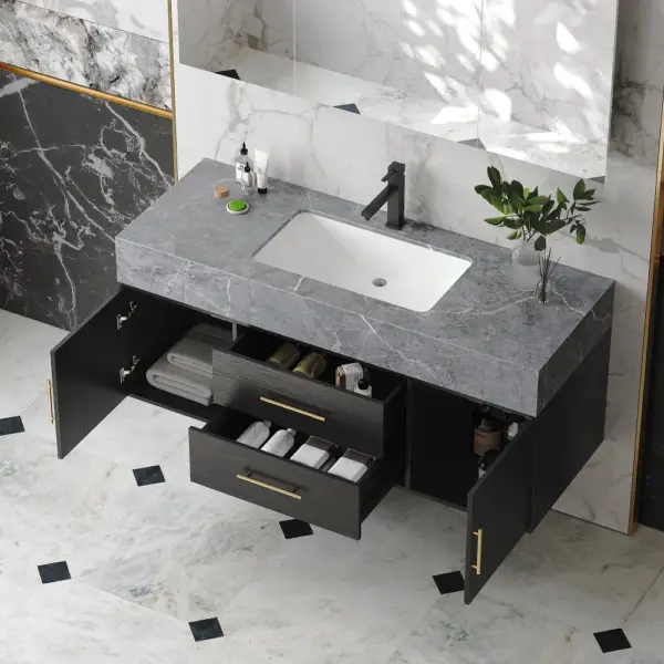 Modern 1000mm Floating Black Bathroom Vanity Stone Top Wall Mounted Bathroom Cabinet - Image 6