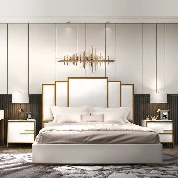 Nightstand Set of 2 White Square Bedside Table with 2 Drawers Minimalist Design in Gold - Image 3