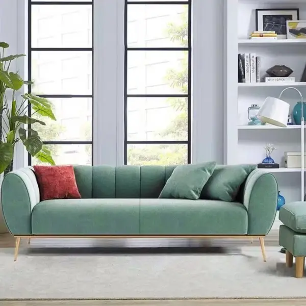 Modern Green Velvet Upholstered Sofa 3-Seater Sofa Gold Stainless Steel Base - Image 5