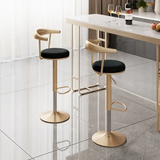 Modern Black Swivel & Adjustable Bar Height Stool with Backrest & Velvet Upholstery