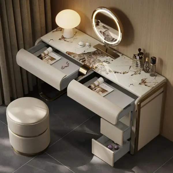 Modern Grey Makeup Vanity Set with Side Cabinet Dressing Table with Mirror & Stool - Image 2