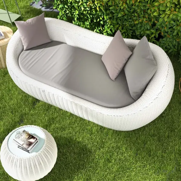 White Woven Rattan Round 1910mm Outdoor Sofa with Cushion & Pillow and Curved Back - Image 6