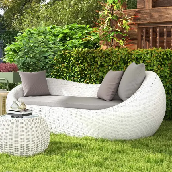 White Woven Rattan Round 1910mm Outdoor Sofa with Cushion & Pillow and Curved Back - Image 5