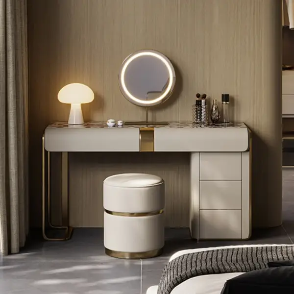 Modern Grey Makeup Vanity Set with Side Cabinet Dressing Table with Mirror & Stool - Image 3
