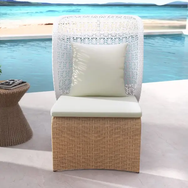Hofer Rattan Outdoor Wingback Chair with White Cushion Pillow with Arched Bottom - Image 4