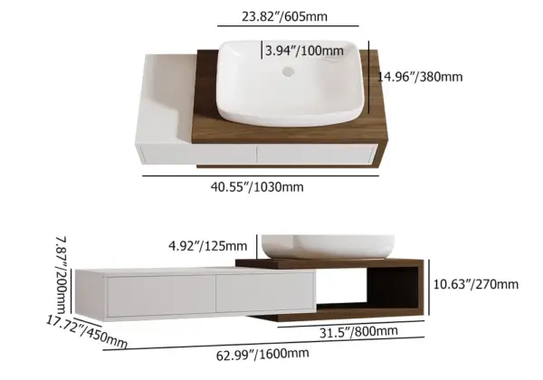Modern Extendable Floating Bathroom Vanity Set Wall Mounted Vanity in White & Walnut - Image 12