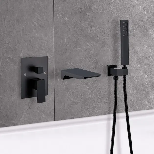 Wall Mounted Waterfall Bath Filler Mixer Tap Matte Black with Hand Shower