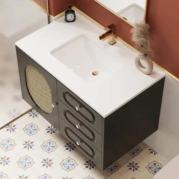 800mm Black Floating Bathroom Vanity Undermount Ceramic Sink with Rattan Door Cabinet - Image 3