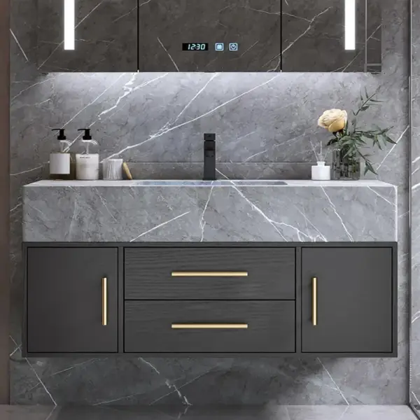 Modern 1000mm Floating Black Bathroom Vanity Stone Top Wall Mounted Bathroom Cabinet - Image 3