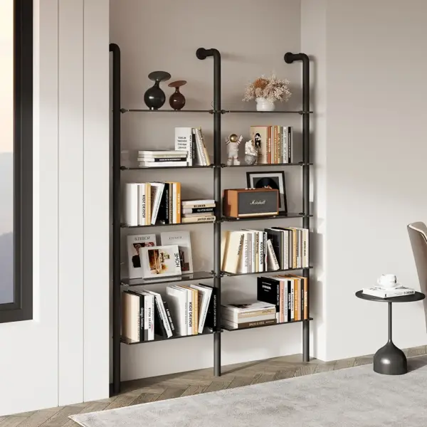 5-Tier Industrial Ladder Shelf Acrylic Black & Grey Wall Mounted Display Bookshelf - Image 2