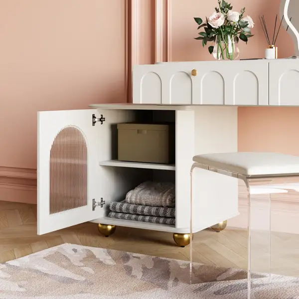 Modern White Makeup Vanity Set Dressing Table with Lighted Mirror & Cabinet & Stool - Image 2