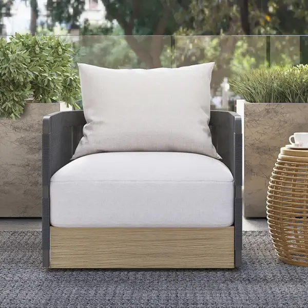 Black Woven Rope Outdoor Swivel Chair Sofa 360 Degree Rotatable Coastal Patio Armchair - Image 4