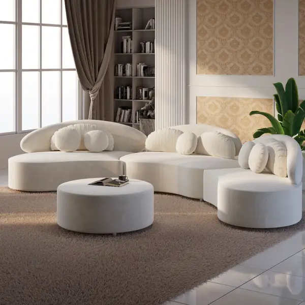 Modern 7 Seat Sectional Sofa Curved Modular Beige Velvet Upholstered with Ottoman - Image 2