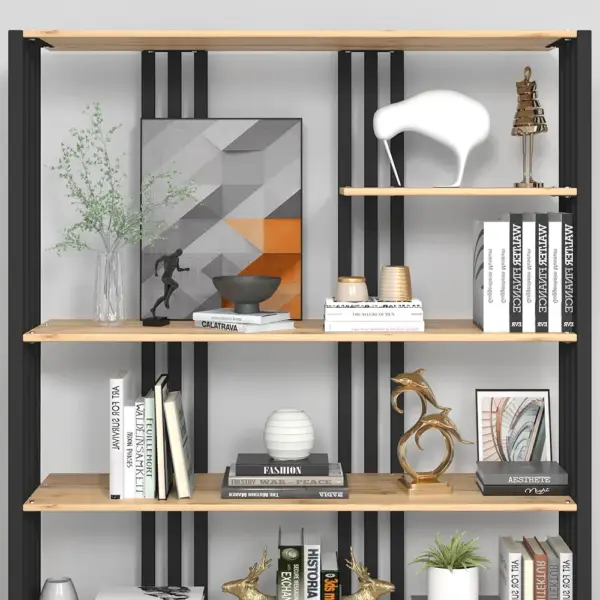 2000mm Modern Natural Etagere Bookcase 6-Tier Bookshelf Display in Black Finish - Image 5