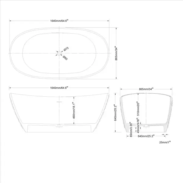 1640mm Diamond-Cut Freestanding Soaking Solid Surface Bathtub Bathtub - Image 10