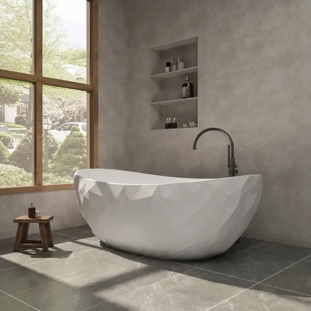 1640mm Diamond-Cut Freestanding Soaking Solid Surface Bathtub Bathtub