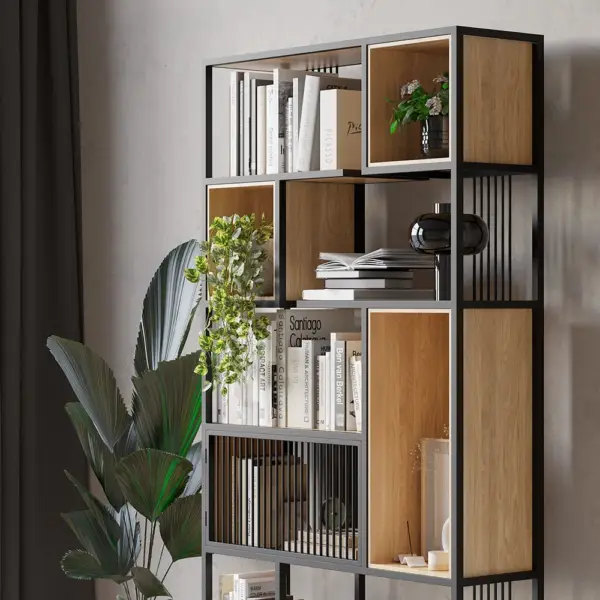 2000mm Modern Black Steel Geometric Bookcase 6-Tier Bookshelf Wooden Tall Book Shelf - Image 4