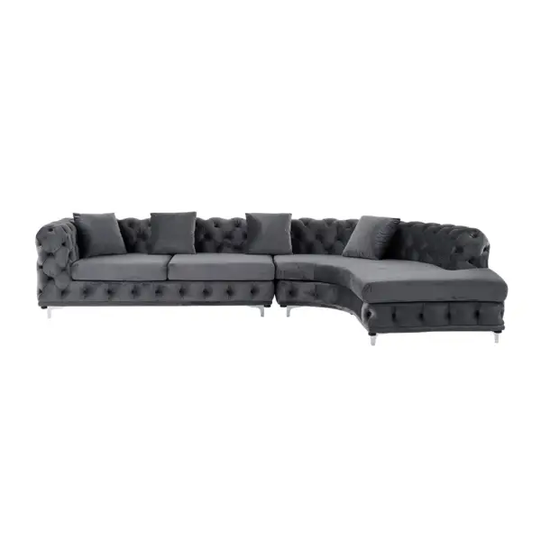 L-Shaped Curved Grey Sectional Sofa Upholstered Velvet Chesterfield Sofa - Image 6