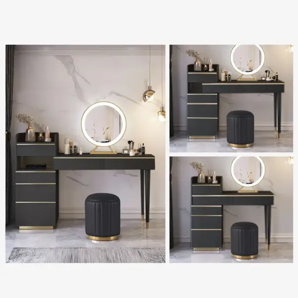 Modern Black Makeup Vanity Set Dressing Table with Lighted Mirror Cabinet & Stool - Image 3