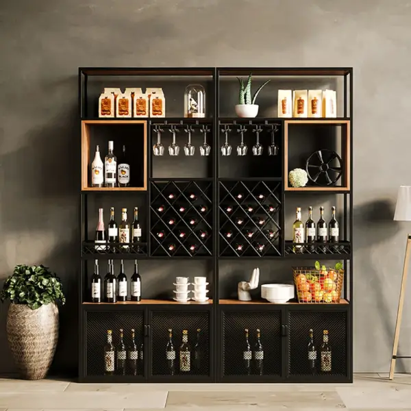 Industrial Black 5-Tier Metal Wine Cabinet with Glass Holder for Home Bar - Image 3