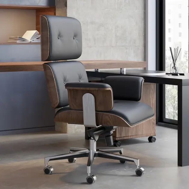 Modern Black Home Office Chair Swivel Upholstered Wooden Desk Chair Adjustable Height