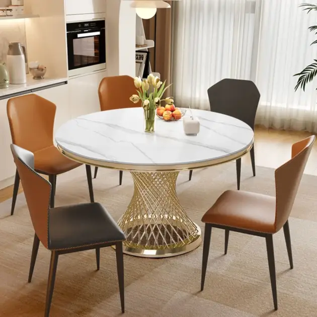 Modern 1300mm Round Dining Table Sintered Stone Tabletop Golden Stainless Steel Pedestal