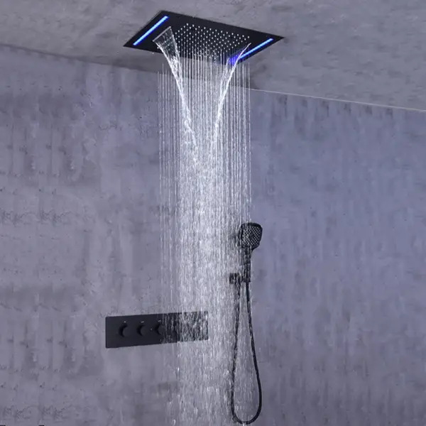 Wall-Mounted 500mm Shower Set Rainfall 4 Functions Thermostatic in Matte Black - Image 6