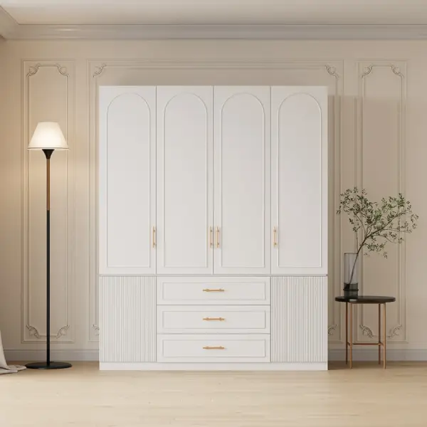 Modern Luxury White Wide Armoire Clothes Cabinet with 3 Drawers & 6 Doors - Image 7
