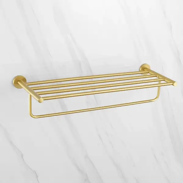 610mm Wall Mounted Brass Bathroom Shelf with Towel Rack in Brushed Gold - Image 5