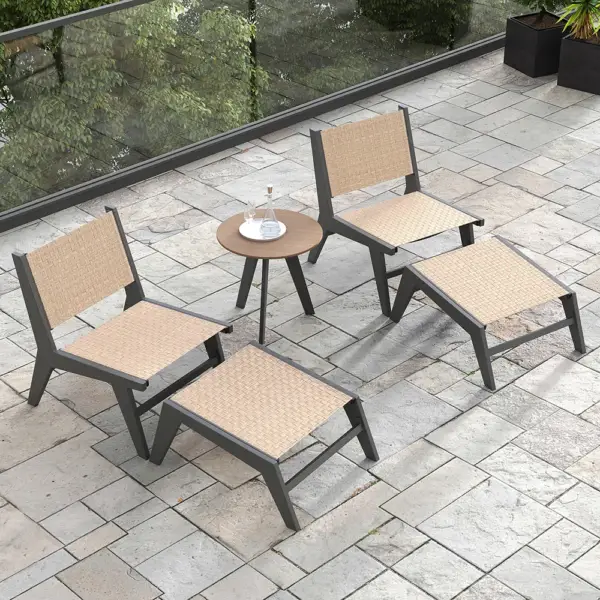 5Pcs Rustic Rattan Aluminum Outdoor Patio Lounge Chair Set Round Coffee Table & Stool - Image 3