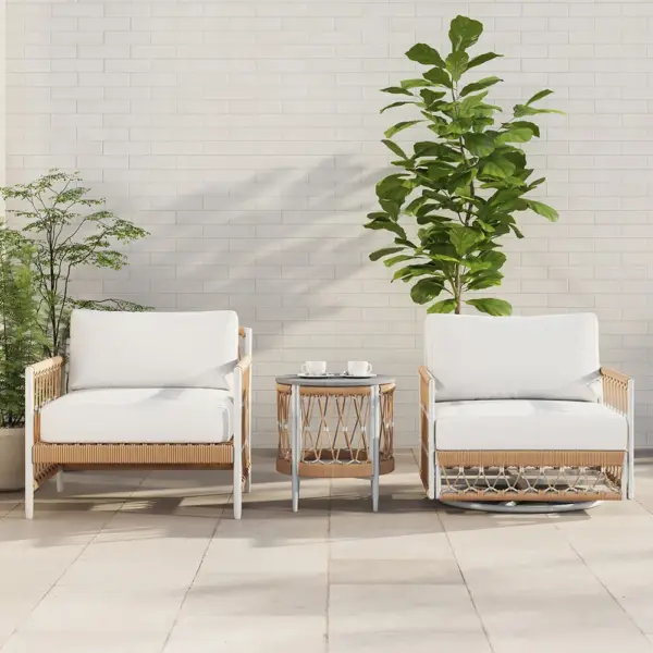3 Pieces Aluminum & Weave Rope Outdoor Swivel Sofa Set with Side Table in Khaki for 2 - Image 2