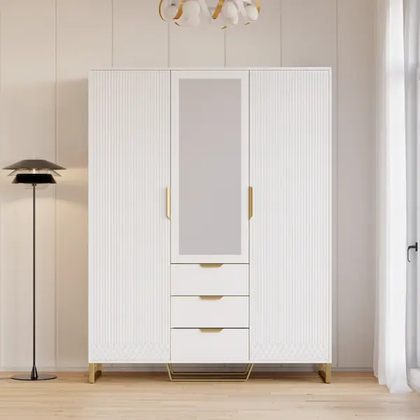 Aro Modern 3 Door Mirrored Armoire Dresser with Shelves & Drawers Tall Wardrobe Closet - Image 14