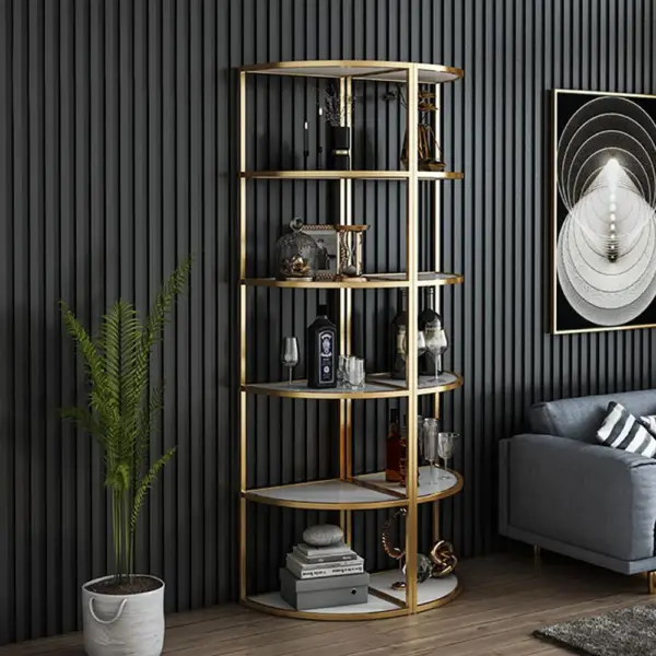 6-Tier Modern Fan-Shaped Shelves Standing Corner Shelf in White&Gold - Image 4