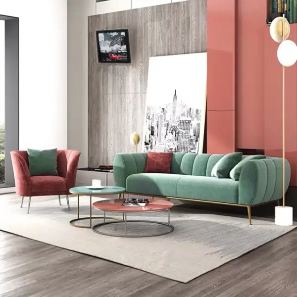 Modern Green Velvet Upholstered Sofa 3-Seater Sofa Gold Stainless Steel Base - Image 3