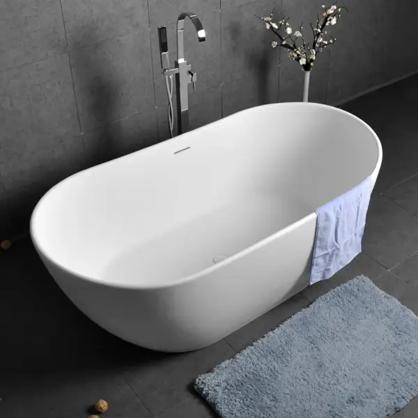 Oval Shape 1630mm Freestanding Matte White Stone Resin Soaking Bath with Overflow - Image 4