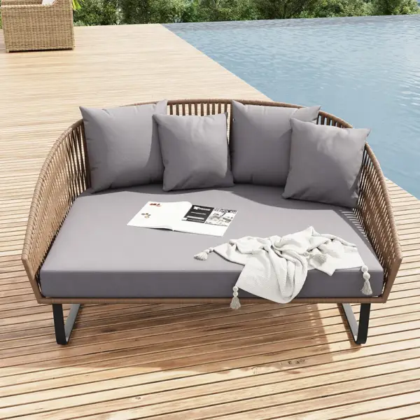 63" Rattan Outdoor Daybed with Grey Cushion Pillow Aluminum Frame - Image 7