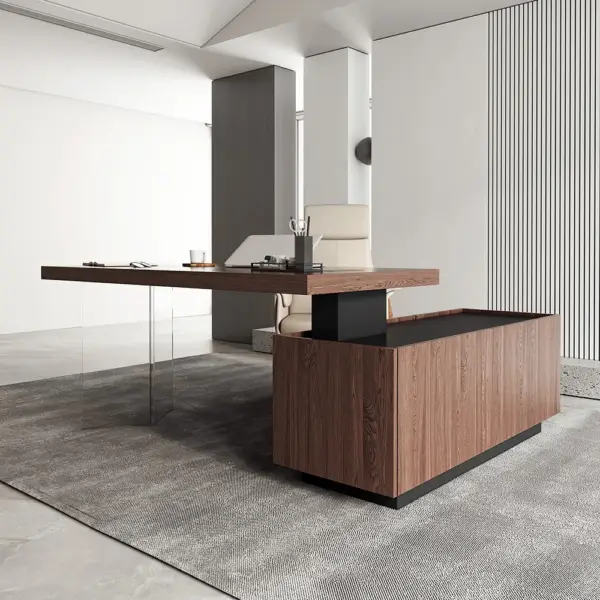 1815mm Modern Walnut Standing L-Shape Desk with Side Cabinet and lifter Desktop - Image 3