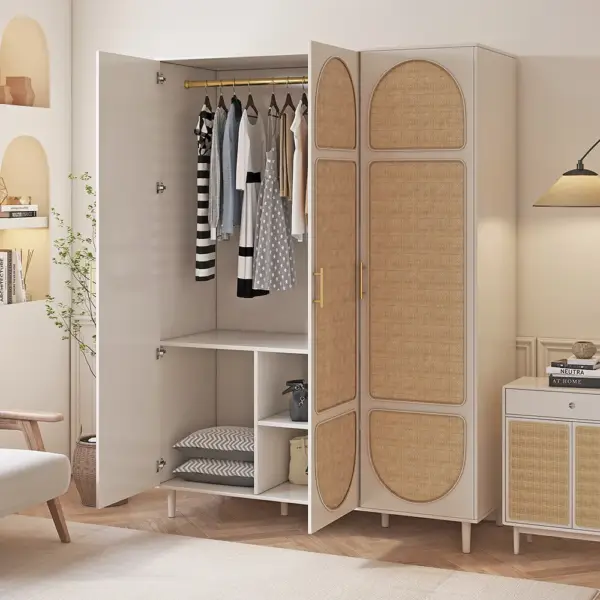 Rattan White 3 Door Bedroom Clothing Armoire Wardrobe with Shelves - Image 3
