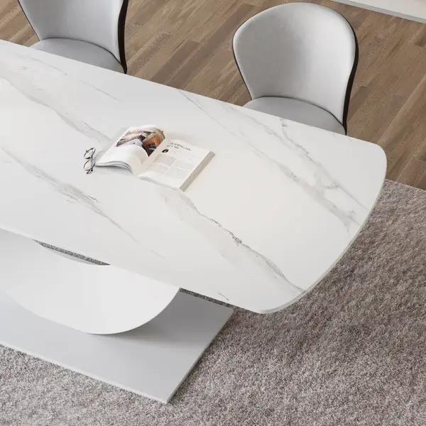 1800mm White Faux Marble Dining Table for 8 Crescent Base Sintered Stone - Image 6