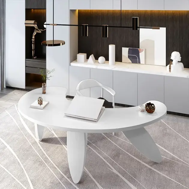 1400mm Modern White Curved Desk Wooden Home Office Desk with 3 Oval Legs