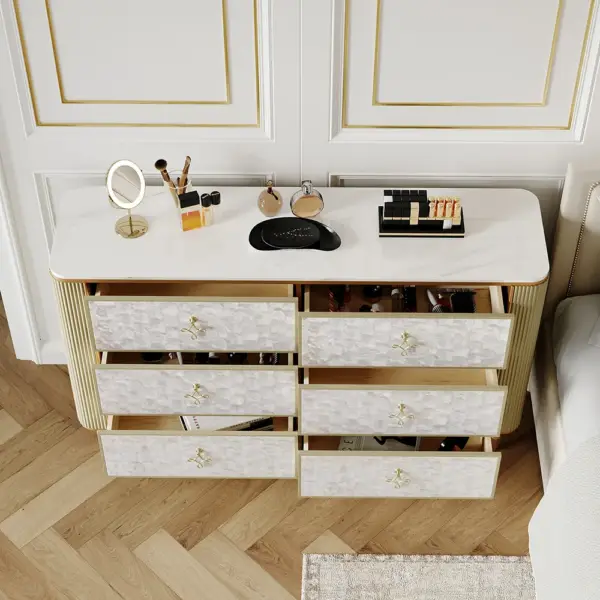 Art Deco 6 Drawer Dresser Capiz Shell Beige Chest Storag Cabinet with Sintered Stone Top - Image 4