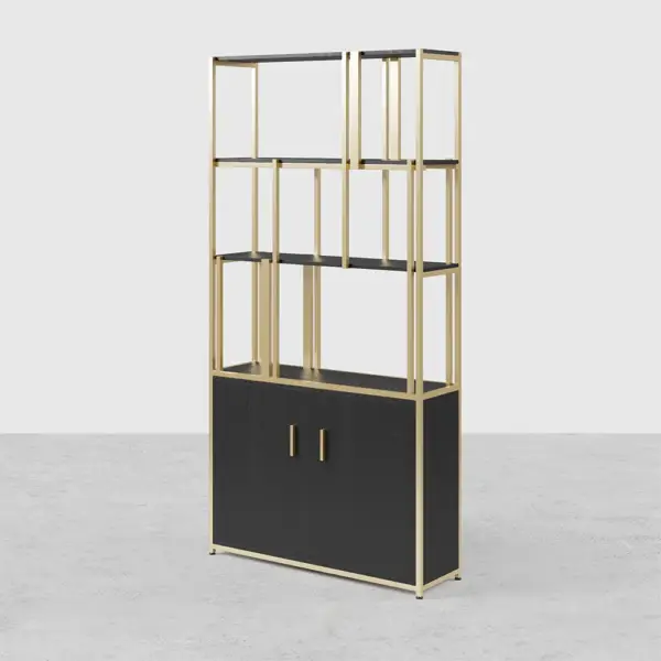 2000mm 5-Tier Black & Gold Bookshelf with 2 Doors Storage Cabinet - Image 10