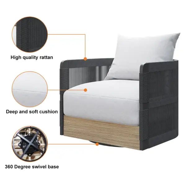 Black Woven Rope Outdoor Swivel Chair Sofa 360 Degree Rotatable Coastal Patio Armchair - Image 17