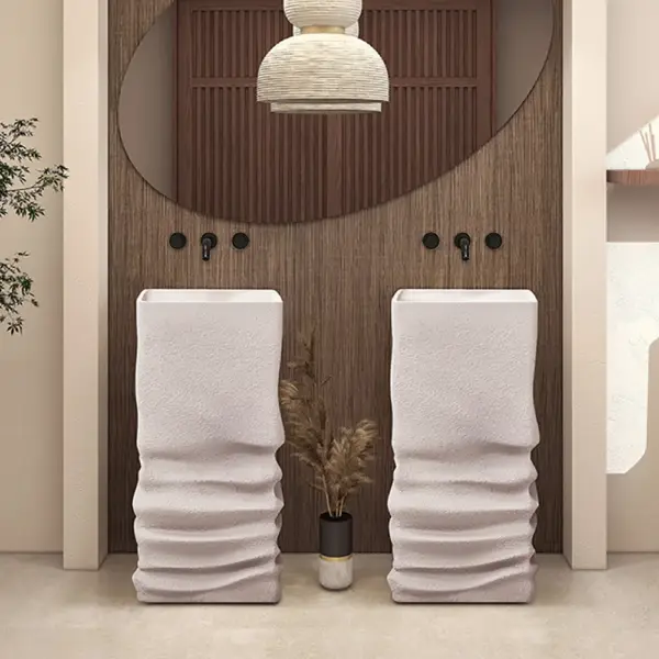 850mm Tall Japandi Stone Resin Pedestal Bathroom Basin Freestanding Basin in Beige - Image 5