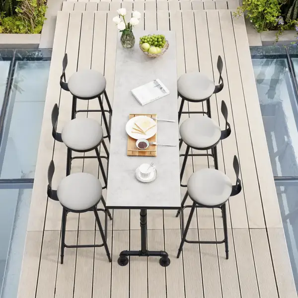 7 Pieces Rectangle Outdoor Patio Bar Dining Set with Teak Table and Chairs for 6 Person - Image 4