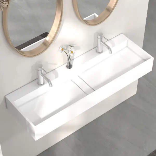1200mm Wall-Mount Double Basin Stone Resin Matte White Floating Trough Bathroom Basin - Image 2