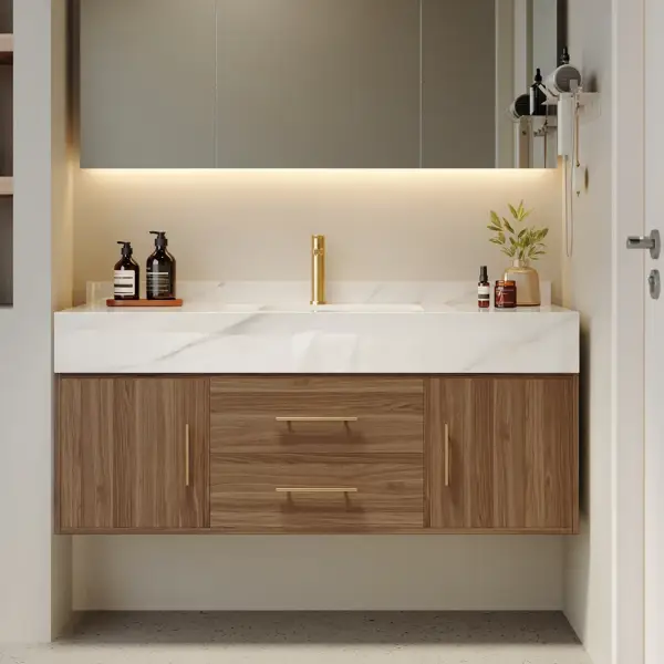 1000mm Walnut Floating Bathroom Vanity Set Stone Top Wall Mounted Bathroom Cabinet - Image 4
